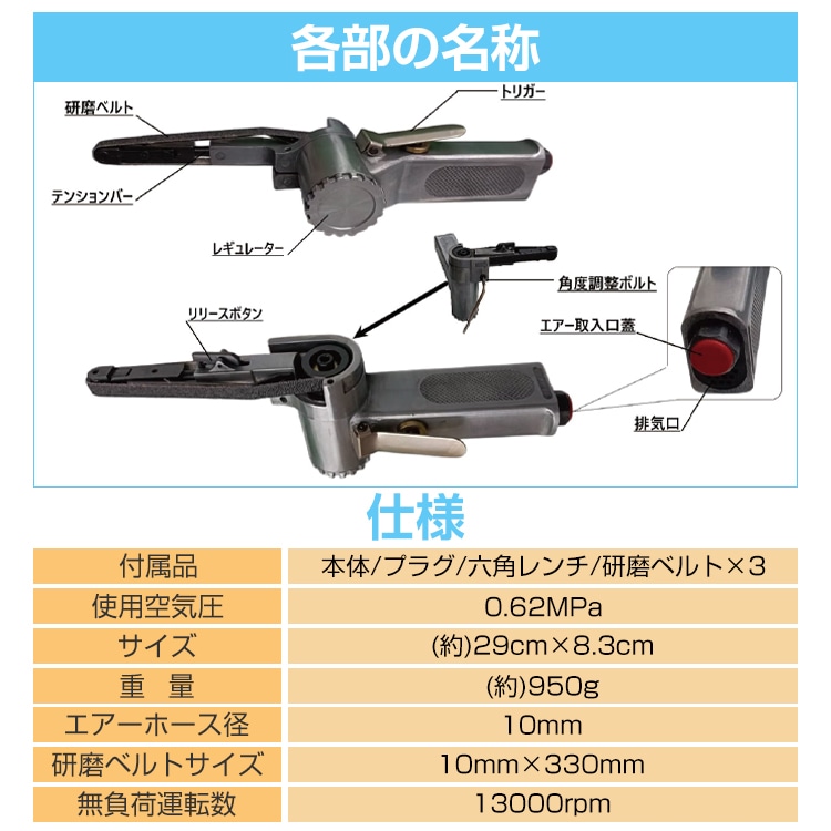ベルトサンダー エアーベルトサンダー 替え用ベルト3個付き 高速回転 金属加工や削り出し作業 木工工作の研削 樹脂製品のバリ取り sg040 - 画像 (2)