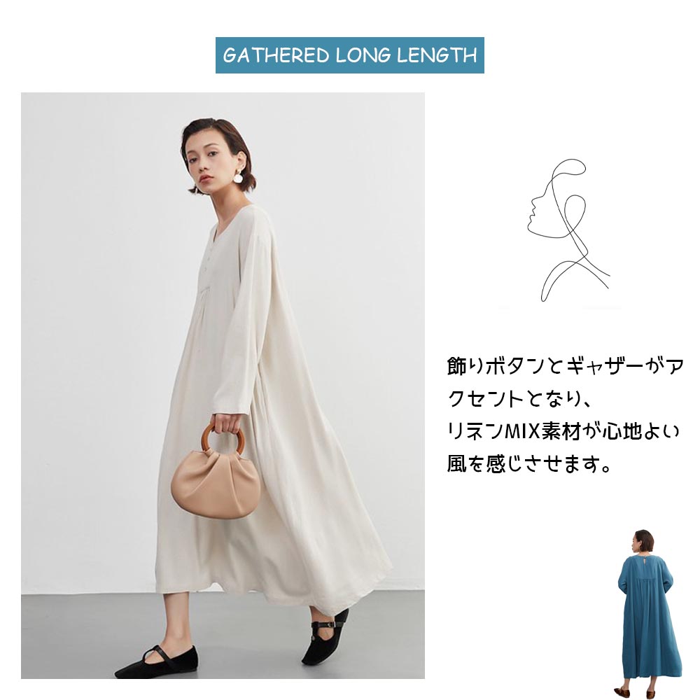 足さばきが良い・ギャザーロング丈・リネンMIX・飾りボタン・長袖ワンピース KNXO405 - 画像 (3)