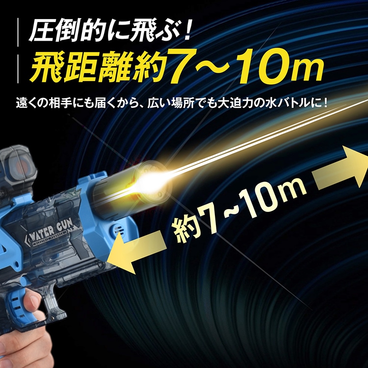 電動ウォーターガン 水鉄砲 連射機能 USB充電 飛距離7-10m ライト付き 発射のたびに光る 水遊び おもちゃ 6歳以上適用 tkpa001 - 画像 (3)