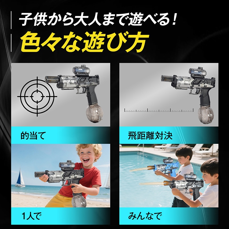 電動ウォーターガン 水鉄砲 連射機能 USB充電 飛距離7-10m ライト付き 発射のたびに光る 水遊び おもちゃ 6歳以上適用 tkpa001 - 画像 (7)