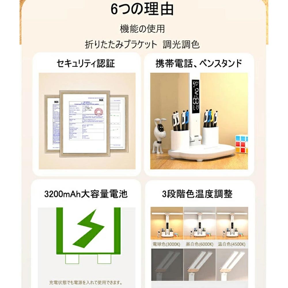 【送料無料】ダブルヘッドライト設計 多機能ディスプレイ搭載 3段階色温度と無段階調光 高演色性LEDを採用 文房具や小物の収納に便利! バッテリー内蔵式 読書灯 デスク ライト tablelamp - 画像 (6)